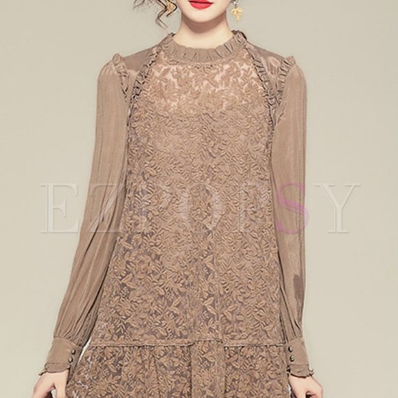 Mock Neck Embroidered Lettuce Shift Mini Dress - Picture 5 of 6